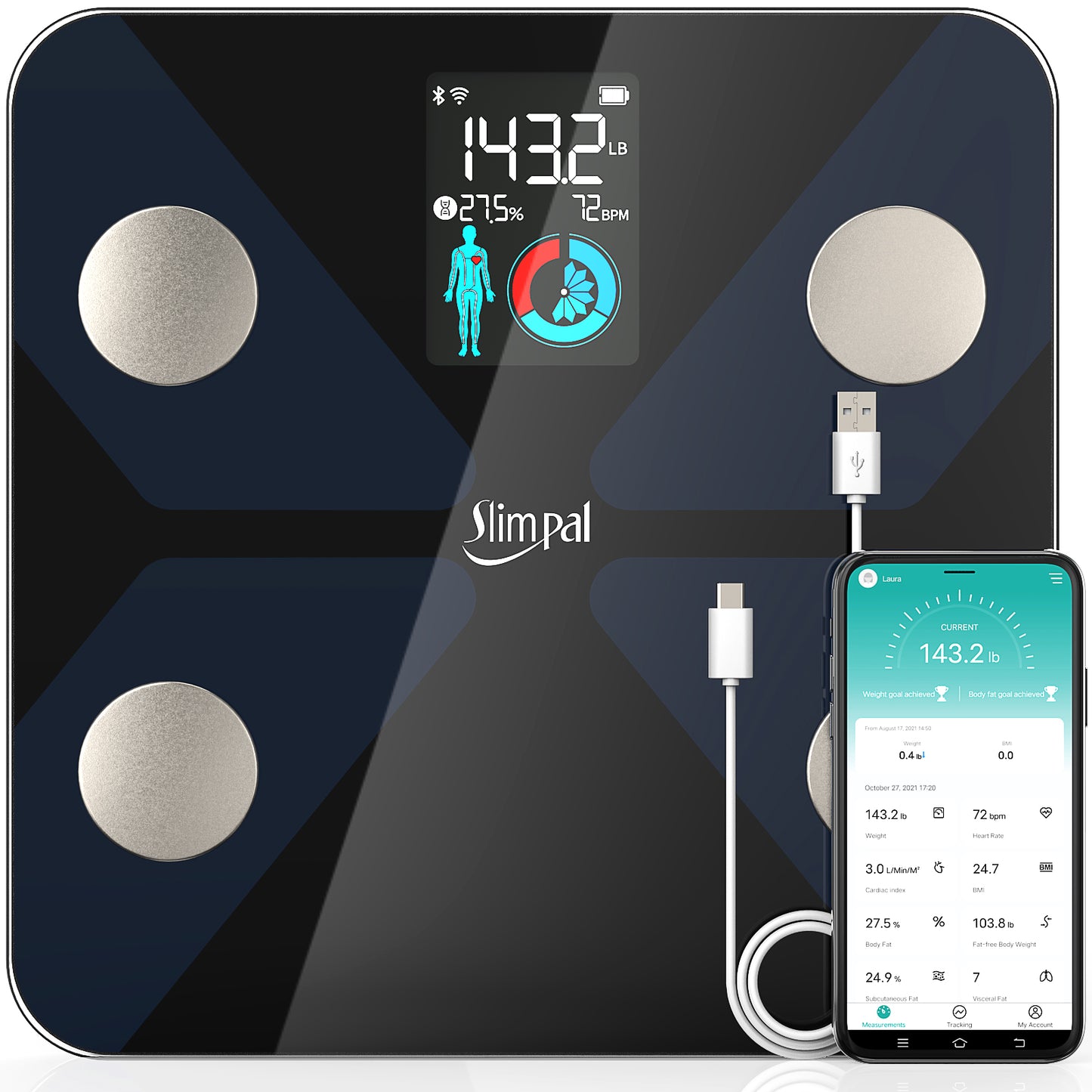 Slimpal Scale for Body Weight: Large Display Weight Scale with Body Fat, Heart Rate, BMI, Digital Bluetooth Bathroom Scale, Smart WiFi Scale,15 Body Composition Sync with App,400 lbs