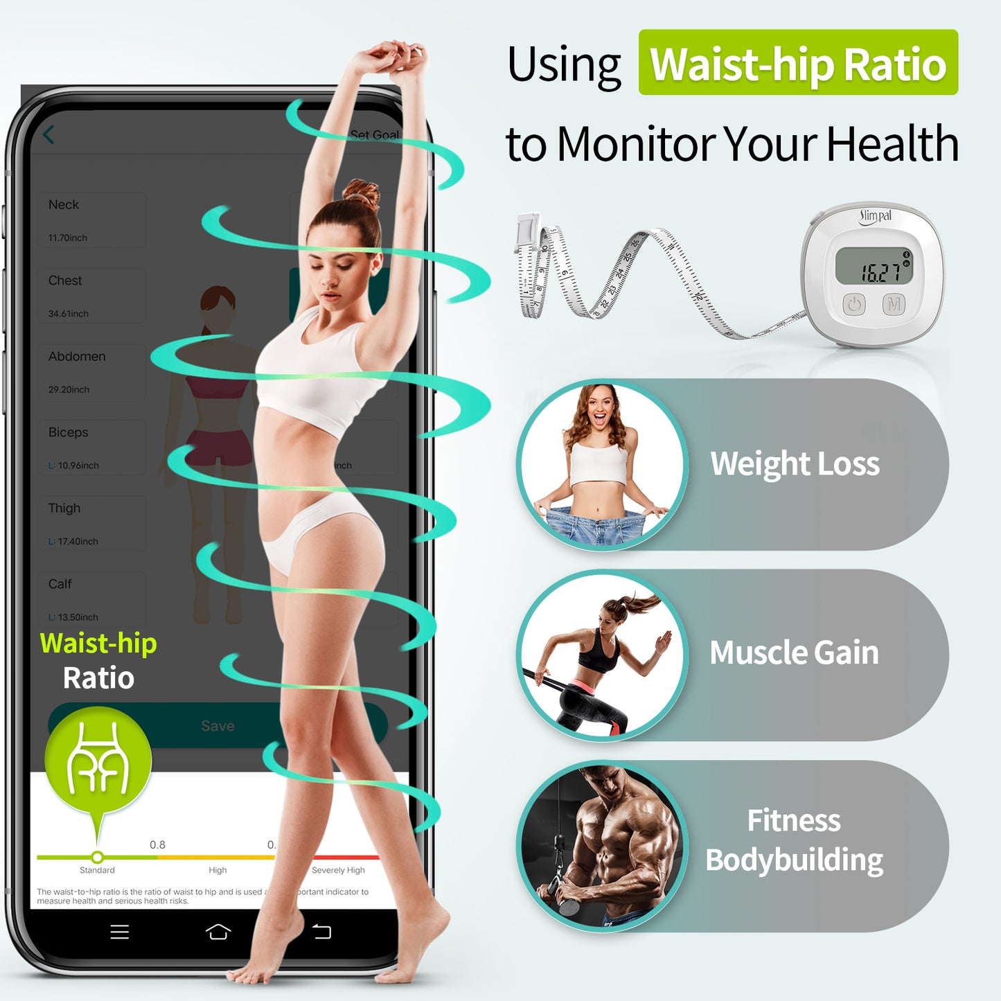 Slimpal Body Tape Measure with Case, Tool for Monitoring Body Fat, Measuring Tape for Body, Digital Smart Retractable Measuring Tape for Accurately Measuring BMI Fitness Body Shape and Weight-Loss
