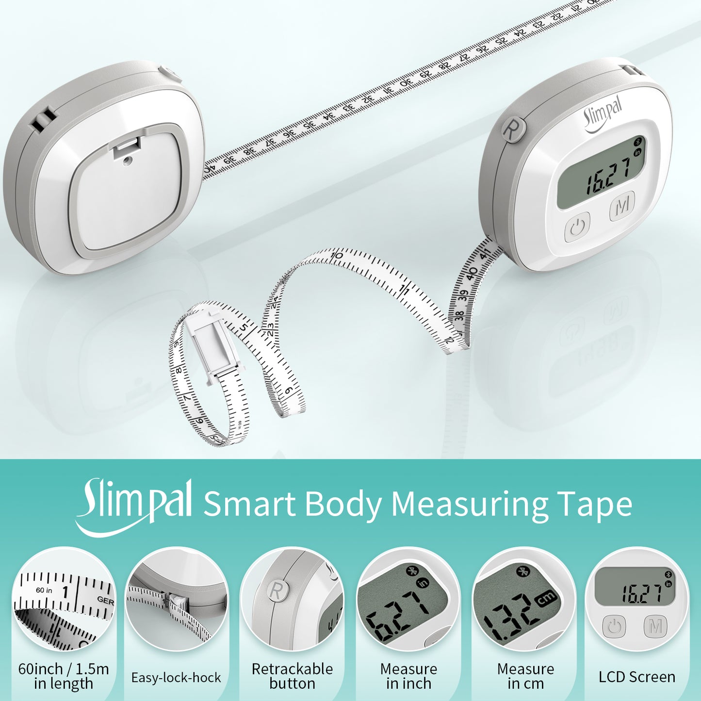 Slimpal Body Fat Tape Measure, Bluetooth Digital Smart Body Tape Measure with LED Display, Retractable Measuring Tape for Fitness, Bodybuilding, Muscle Gain, Weight Loss (Patent Pending to Slimpal)