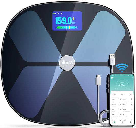 Slimpal Smart-Waage mit Körperfett- und Wassergewicht, WLAN und Bluetooth, wiederaufladbare digitale Personenwaage, großes Display für Herzfrequenz, Gewichtstrend, 15 BMI-Analysator für die Körperzusammensetzung
