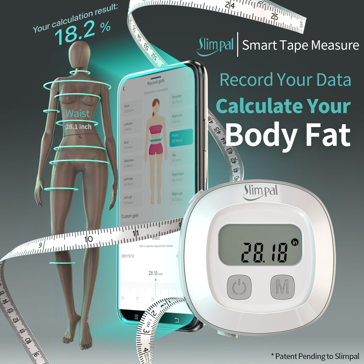 Slimpal Körpermaßband mit Etui, Werkzeug zur Überwachung des Körperfetts, Maßband für den Körper, digitales, intelligentes einziehbares Maßband zur genauen Messung von BMI, Fitness, Körperform und Gewichtsverlust 