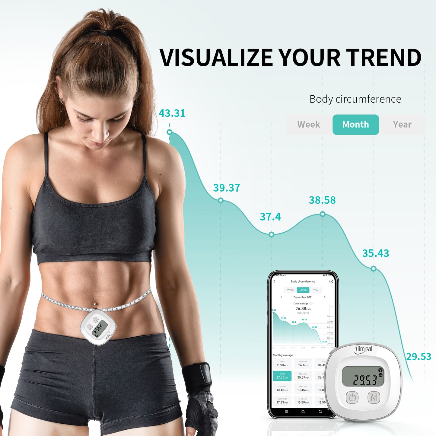Slimpal Körperfett-Maßband, Bluetooth, digitales Smart-Körpermaßband mit LED-Anzeige, einziehbares Maßband für Fitness, Bodybuilding, Muskelaufbau, Gewichtsverlust (zum Patent angemeldet bei Slimpal) 