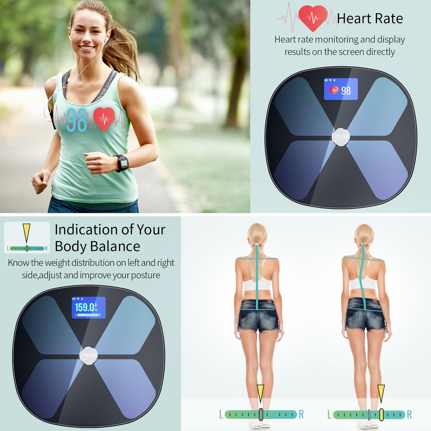 Slimpal Smart-Waage mit Körperfett- und Wassergewicht, WLAN und Bluetooth, wiederaufladbare digitale Personenwaage, großes Display für Herzfrequenz, Gewichtstrend, 15 BMI-Analysator für die Körperzusammensetzung