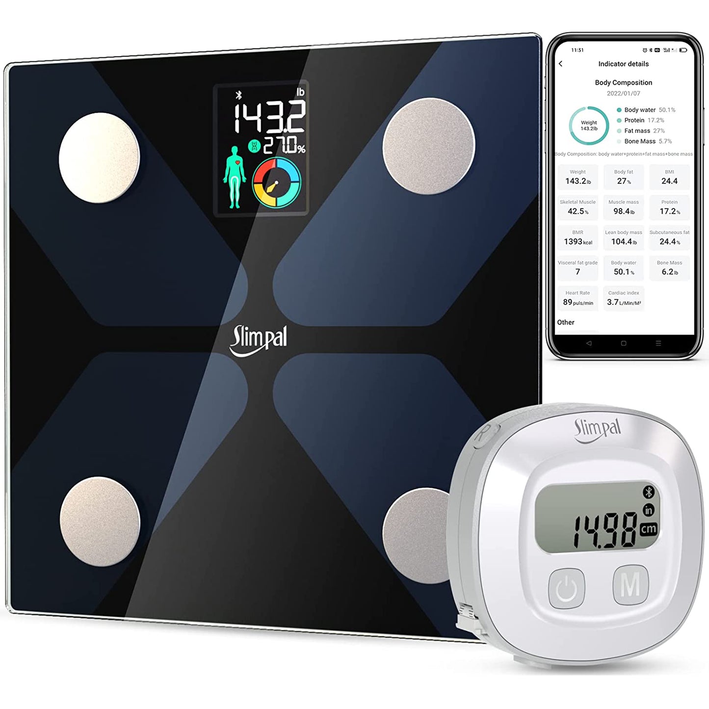 Slimpal Körperfett-Messband und intelligente Waage für Körpergewicht und Fett mit APP, digitale Personenwaage, Körpermaßband zur Gewichtsabnahme, Körperzusammensetzungs- und Umfangsanalysator 