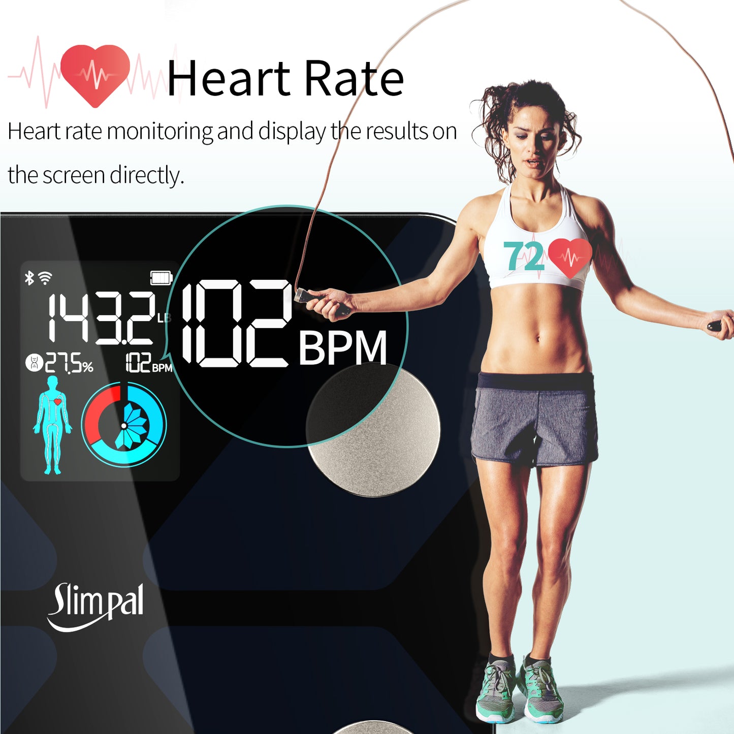 Slimpal-Waage für das Körpergewicht: Gewichtswaage mit großem Display mit Körperfett, Herzfrequenz, BMI, digitale Bluetooth-Personenwaage, intelligente WLAN-Waage, 15 Körperzusammensetzungssynchronisation mit App, 400 lbs 